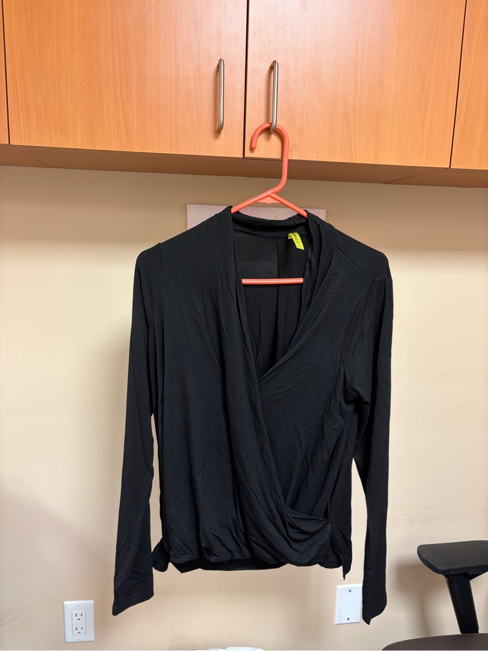 Betabrand Black Draped Wrap-Front Long Sleeve Blouse